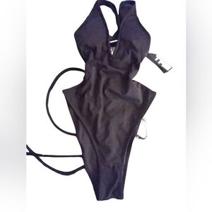 NWT Tae Black Halter One-Piece Swimsuit Tie In Back Size XS Beachy
